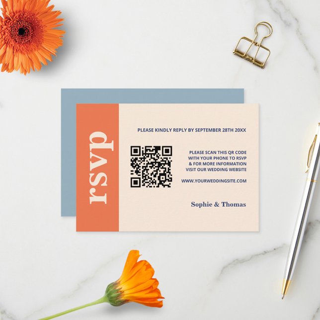 Cartons Réponse Typographie Gras Moderne Mariage Orange Bleu Pouss (Créateur téléchargé)