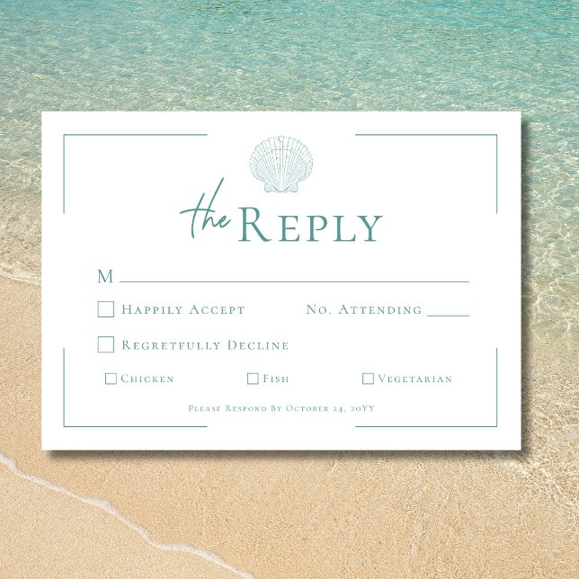 Cartons Réponse Typographie minimale Aqua & White Shell Mariage (Minimal Typography Aqua & White Shell Wedding RSVP Card)