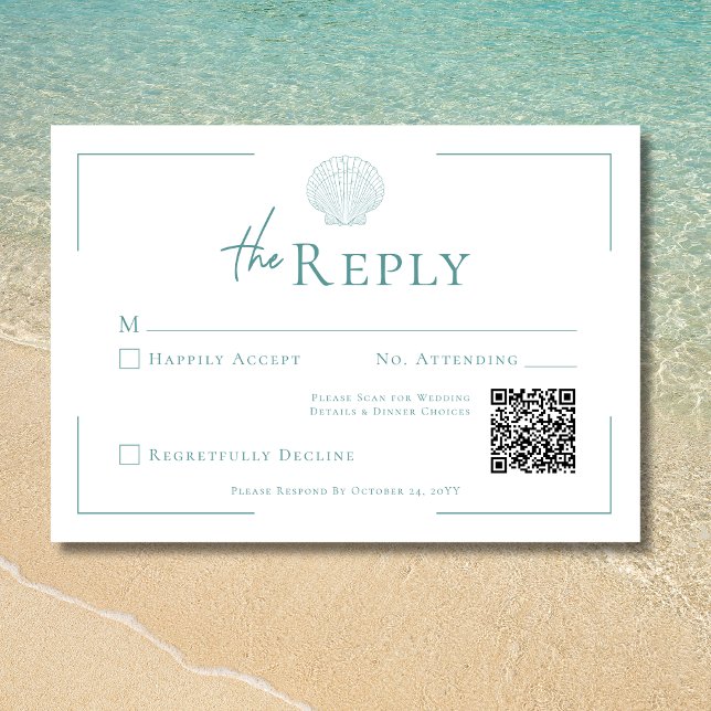 Cartons Réponse Typographie minimale Aqua & White Shell Mariage (Minimal Typography Aqua & White Shell Wedding RSVP Card)
