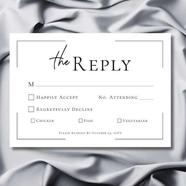 Cartons Réponse Typographie minimale Mariage noir et blanc (Minimal Typography Black & White Dinner Wedding RSVP Card)
