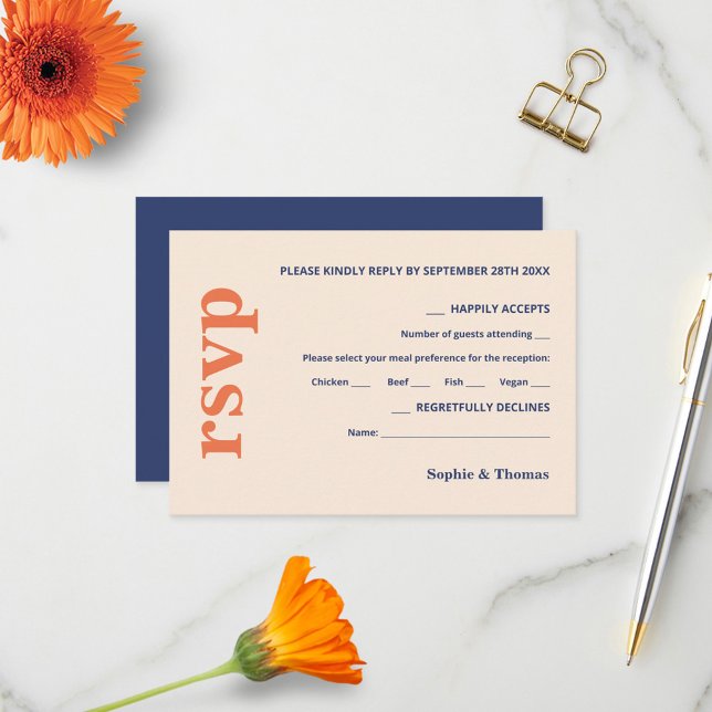 Cartons Réponse Typographie moderne Gras Mariage Orange Navy Bleu (Créateur téléchargé)