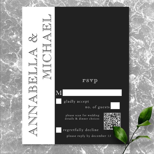 Cartons Réponse Typographie moderne noir blanc Mariage QR (Modern Typography Black White Wedding QR Code RSVP Card)