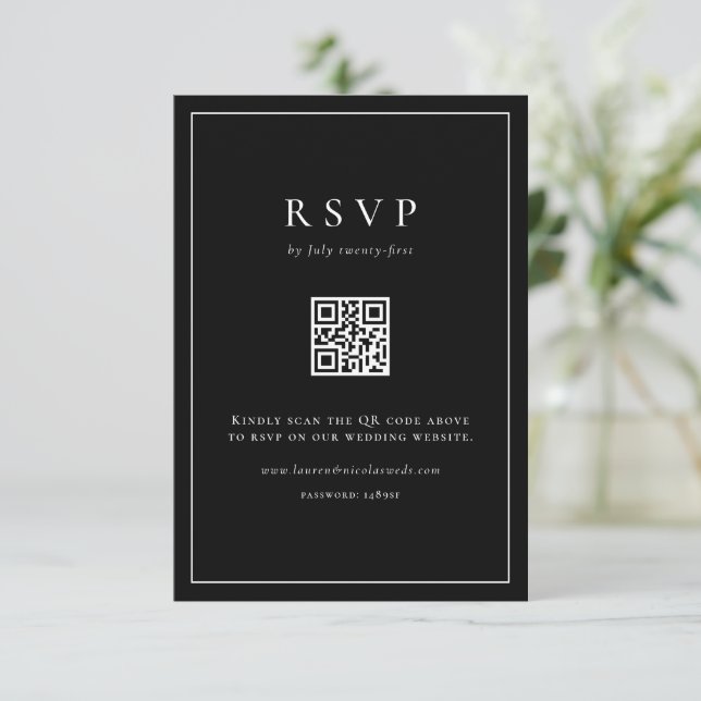 Cartons Réponse Typographie simple Code QR noir Mariage officiel (Debout devant)