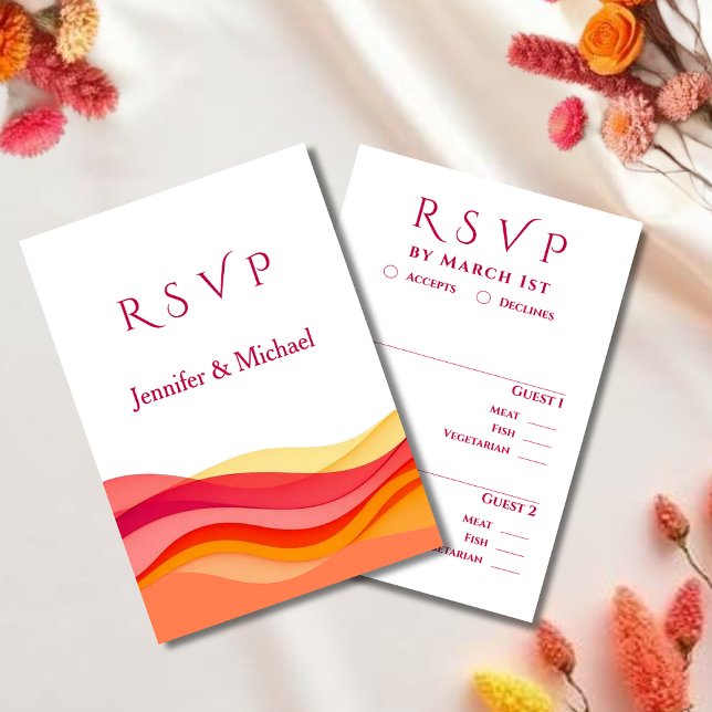 Cartons Réponse Vagues de couleur de coucher de soleil Mariage mod (Sunset Color Waves Modern Wedding  RSVP Card with meal options)