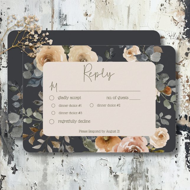 Cartons Réponse Vanilla White Boho Rose Blue Mariage Dîner (Vanilla White Boho Roses Blue Wedding Dinner RSVP Card)