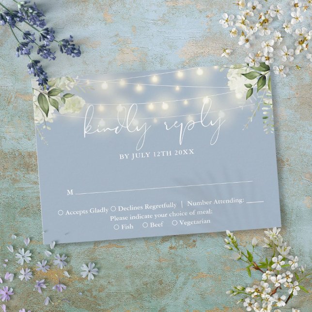 Cartons Réponse Verdure Floral String Lumières Dusty Blue Mariage (Greenery Floral String Lights Dusty Blue Wedding RSVP Card)