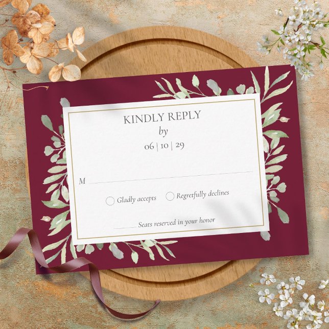Cartons Réponse Vert doré de Bourgogne aquarelle (Burgundy Gold Watercolour Greenery RSVP Card)