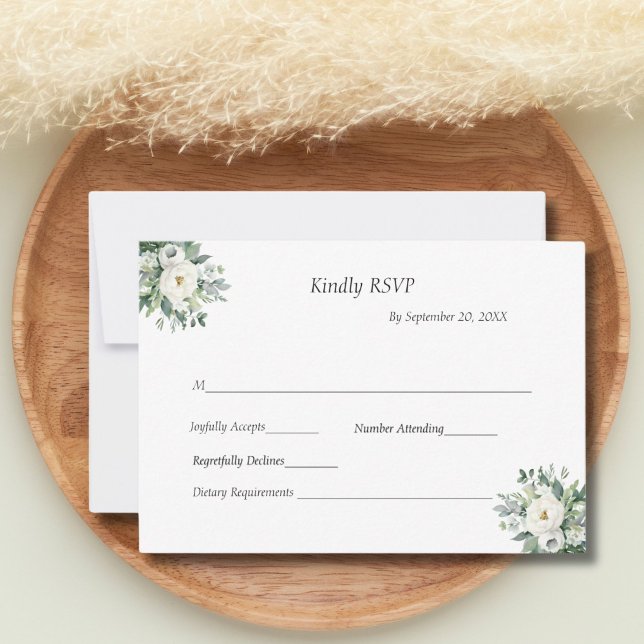 Cartons Réponse Vert floral blanc Mariage traditionnel (White Watercolor Floral Greenery Wedding RSVP card Elegant Traditional Formal Classic)
