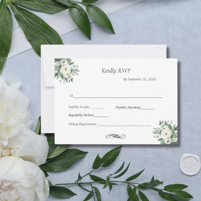 Cartons Réponse Vert floral blanc Mariage traditionnel (White Watercolor Floral Greenery  Wedding RSVP card with dietary requirements)