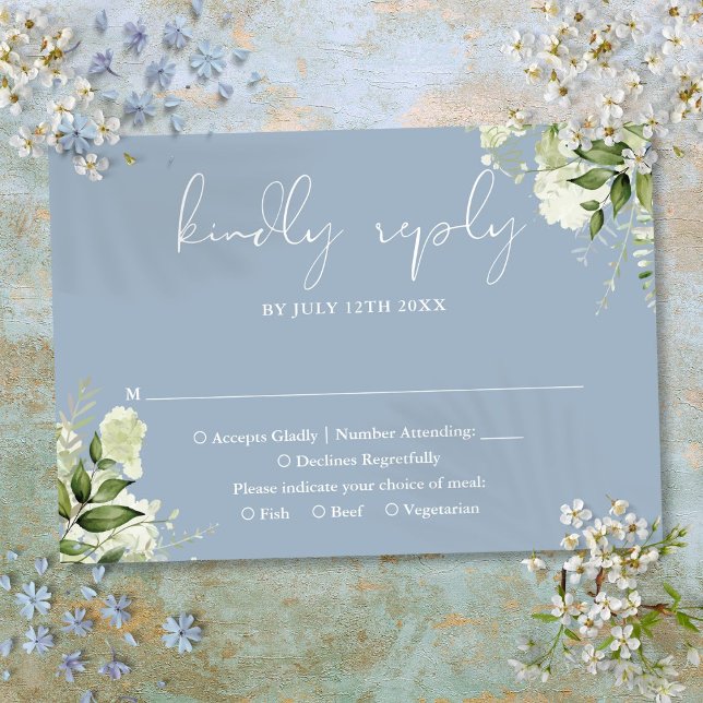 Cartons Réponse Vert Floral Élégant Dusty Blue Mariage (Greenery Floral Elegant Dusty Blue Wedding RSVP Card)