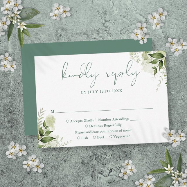Cartons Réponse Vert Floral Élégant Eucalyptus Mariage vert (Greenery Floral Elegant Eucalyptus Green Wedding RSVP Card)