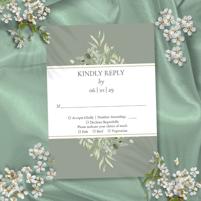 Cartons Réponse Vert sauge élégant et feuillage doré (Elegant Sage Green Greenery Gold RSVP Card)
