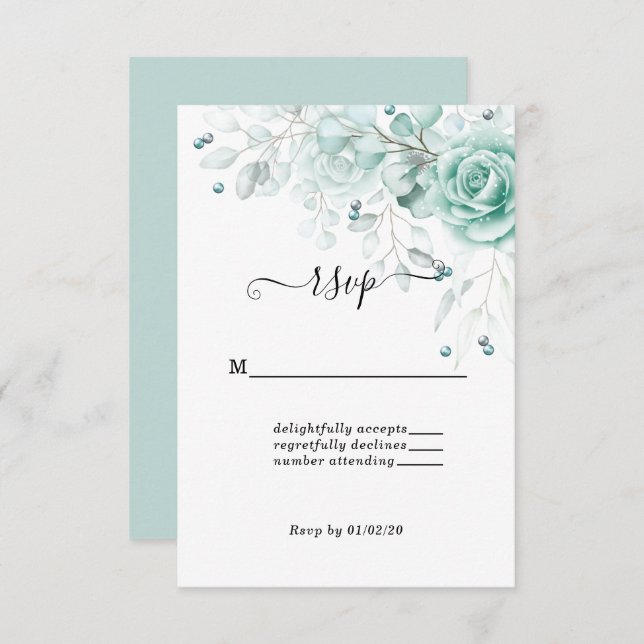 Cartons Réponse Vert sauge turquoise Mariage floral (Devant / Derrière)