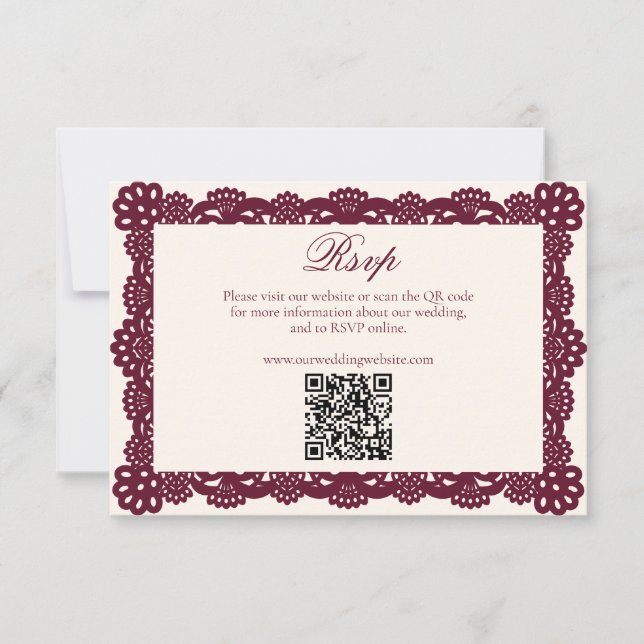 Cartons Réponse Victorian Burgundy Ivory Lace Wedding Website QR (Devant)