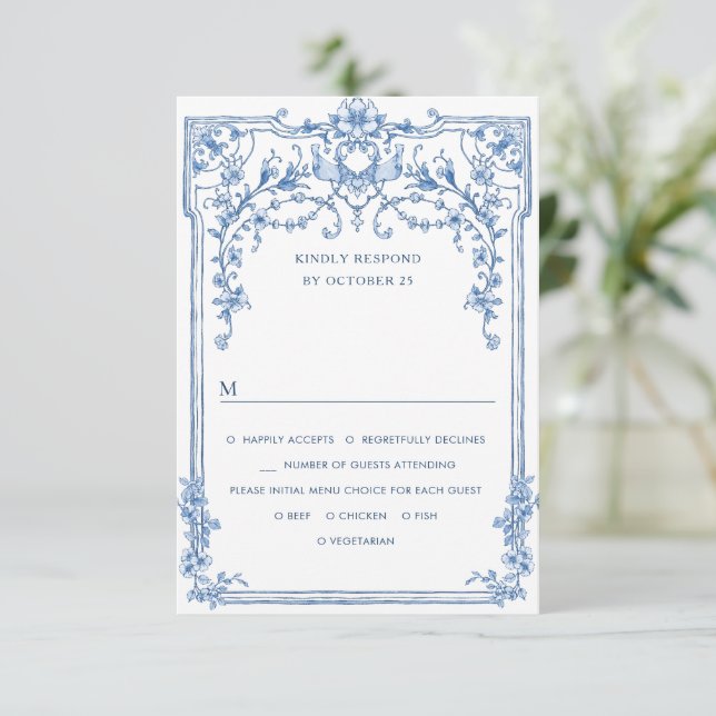 Cartons Réponse Victorien Ornate Grace Floral Dusty Mariage bleu (Debout devant)