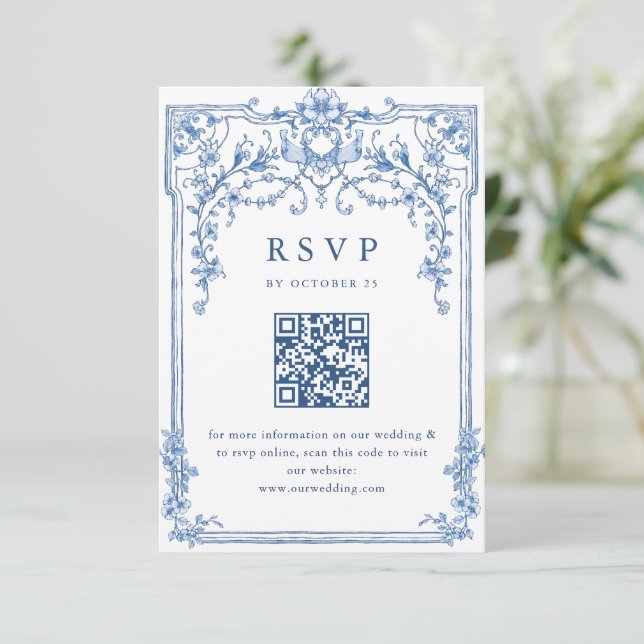 Cartons Réponse Victorien Ornate Grace Floral Dusty Mariage bleu (Debout devant)