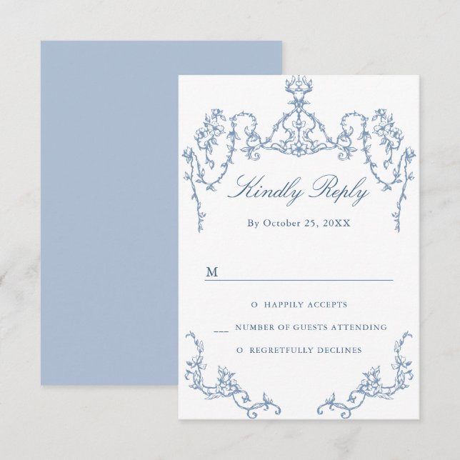 Cartons Réponse Victorien Ornate Grace Floral Dusty Mariage bleu (Devant / Derrière)