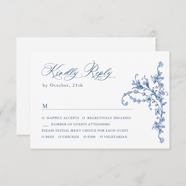 Cartons Réponse Victorien Ornate Grace Floral Dusty Mariage bleu (Devant / Derrière)