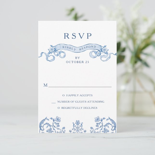 Cartons Réponse Victorien Ornate Grace Floral Dusty Mariage bleu (Debout devant)