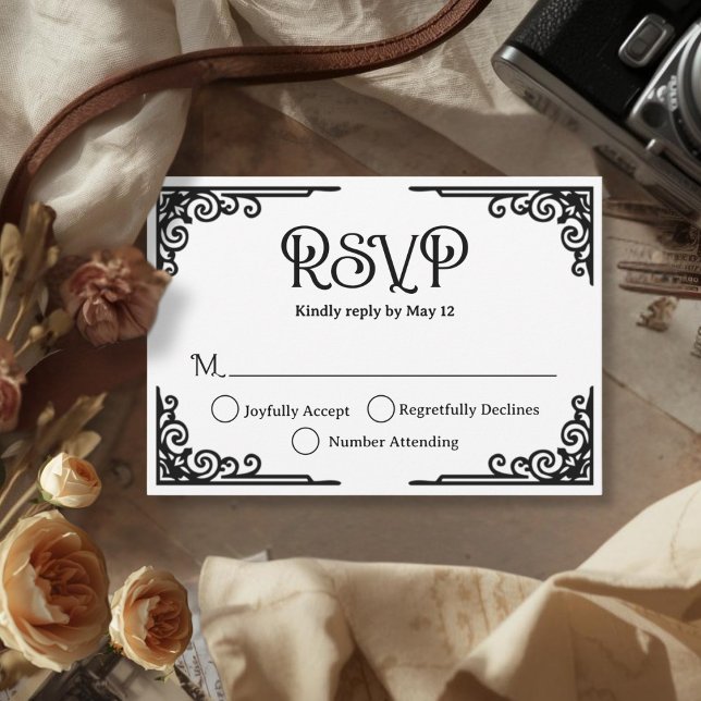 Cartons Réponse Vintage Black White Wedding  (Cinematic Vintage Black White Wedding RSVP Card)