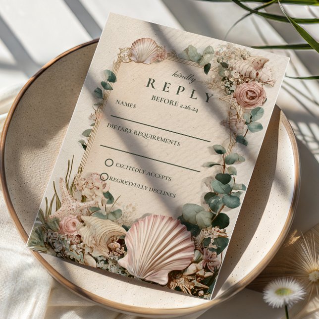 Cartons Réponse Vintage Coastal Shell Romance Wedding (Créateur téléchargé)