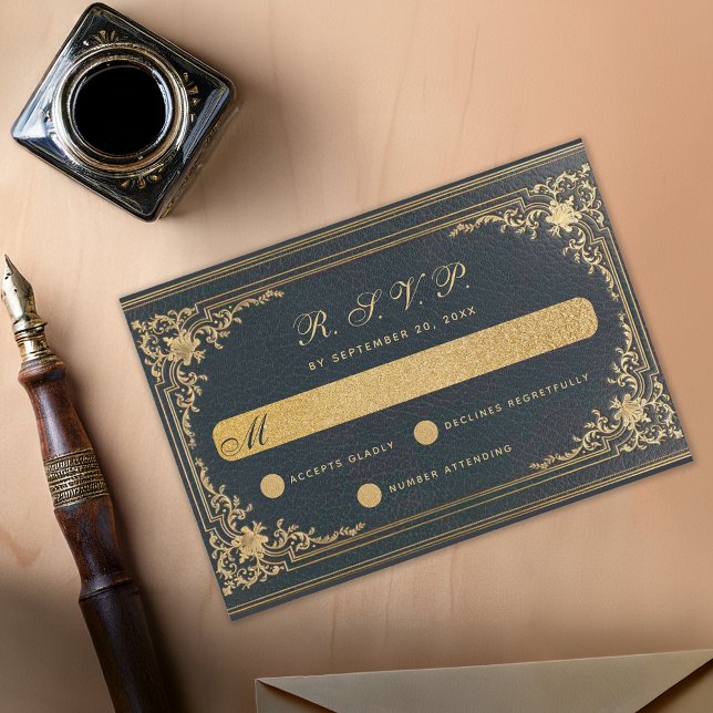 Cartons Réponse Vintage Elegant Blue Gold Calligraphy Mariage (Créateur téléchargé)