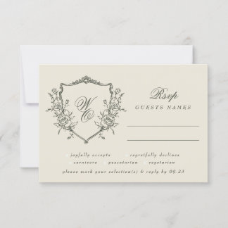 Cartons Réponse Vintage Floral Crest Olive Green Monogramme Mariag