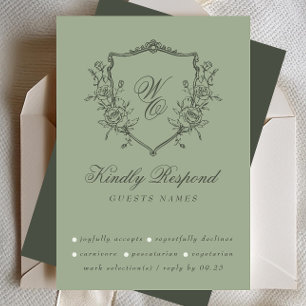 Cartons Réponse Vintage Floral Crest Olive Sage Monogramme Mariage
