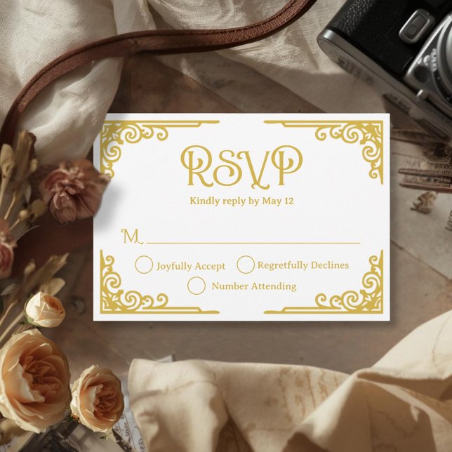 Cartons Réponse Vintage Gold White Wedding  (Cinematic Vintage Gold White Wedding RSVP Card)