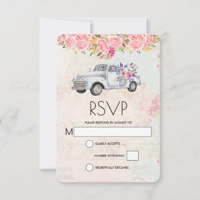 Cartons Réponse Vintage Pickup Truck Russe Mariage aquarelle (Devant)