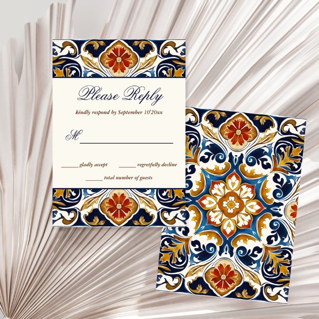 Cartons Réponse Vintage Talavera Azulejo carreaux bleu mariage (Vintage Talavera Azulejo Mediterranean blue tiles wedding RSVP Cards wedding invitation suite)