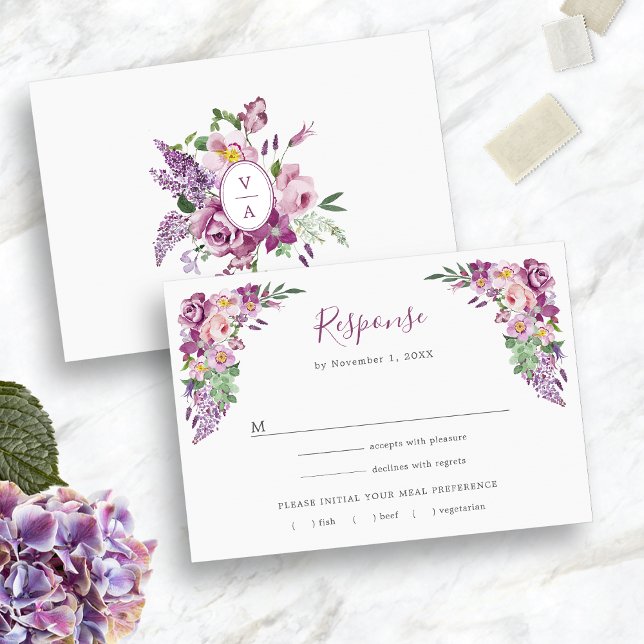 Cartons Réponse Violet Floral (Watercolor Lavender Floral Purple RSVP Card
)