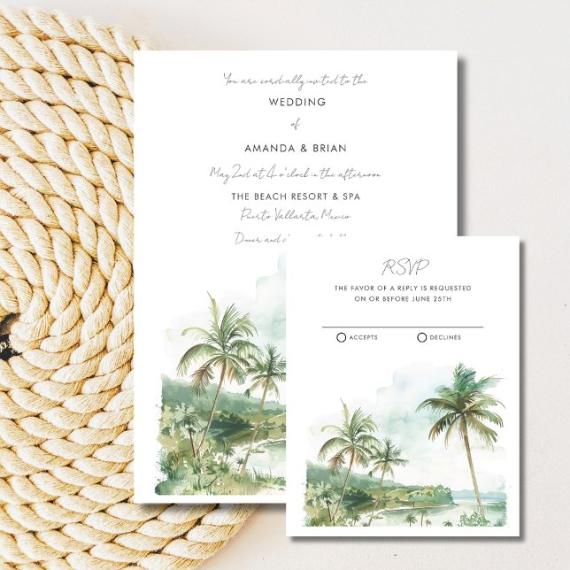 Cartons Réponse Watercolor Beach Destination Mariage (Watercolor Beach Destination Wedding RSVP Card)