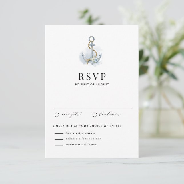 Cartons Réponse Watercolor Blue Floral Anchor Nautical Wedding (Debout devant)
