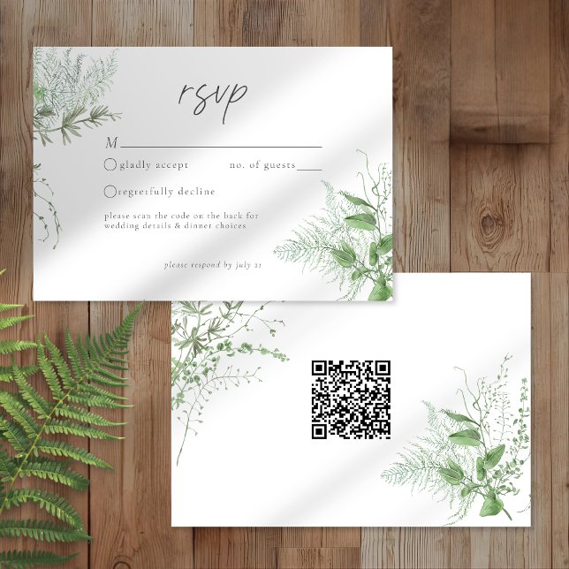 Cartons Réponse Watercolor Greenery Fern Rustic Wedding QR (Créateur téléchargé)