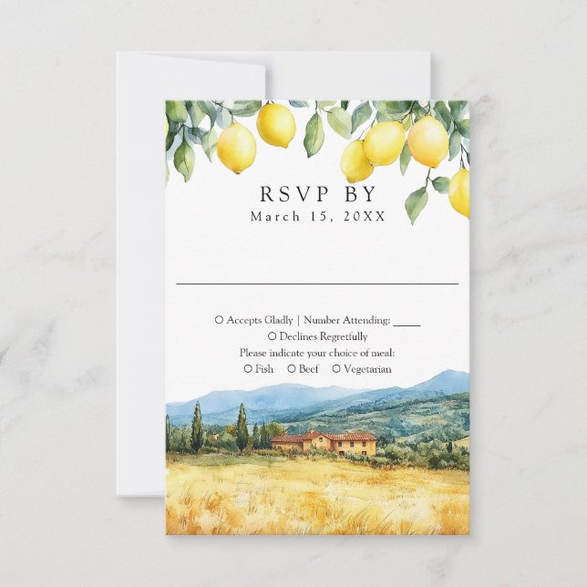 Cartons Réponse Watercolor Lemons Tuscan Scene Italian Wedding (Devant)