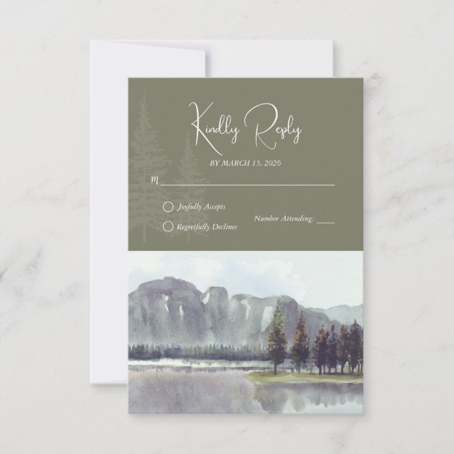Cartons Réponse Watercolor Mountain Forest Trees Lake Mariage (Devant)