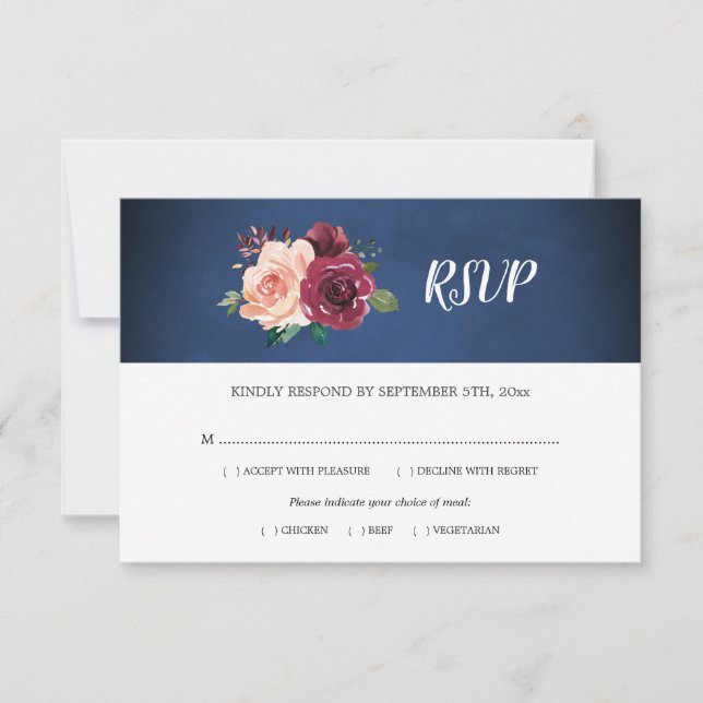 Cartons Réponse Watercolor Navy Blush Bourgogne Mariage Rose (Devant)