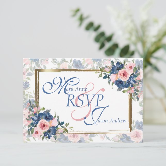 Cartons Réponse Watercolor Navy & Blush Mariage (Debout devant)