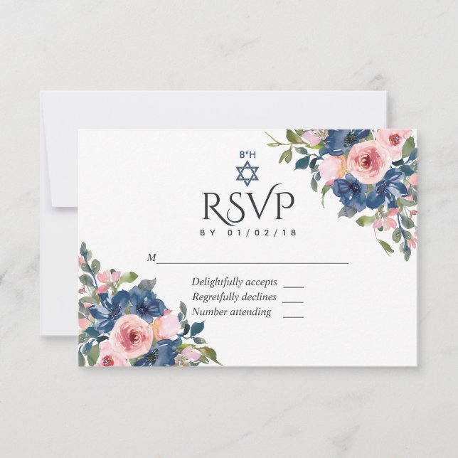 Cartons Réponse Watercolor Navy et Blush FlorBat mitzvah (Devant)