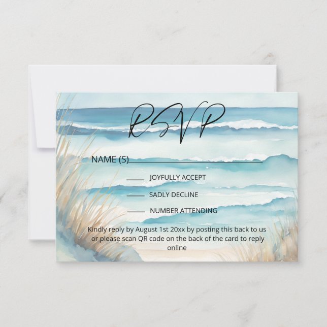 Cartons Réponse Watercolor Ocean Beach Wedding Website QR Code (Devant)