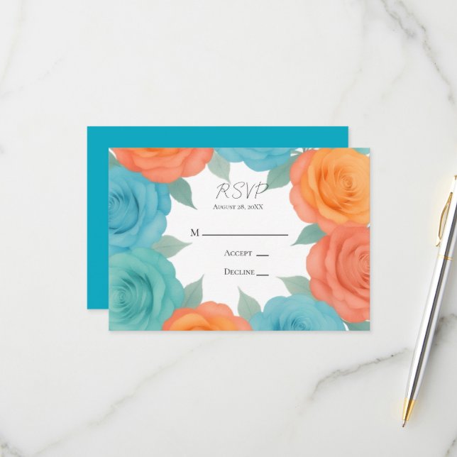Cartons Réponse Watercolor Orange and Teal Roses Wedding (Devant/Arrière en situation)