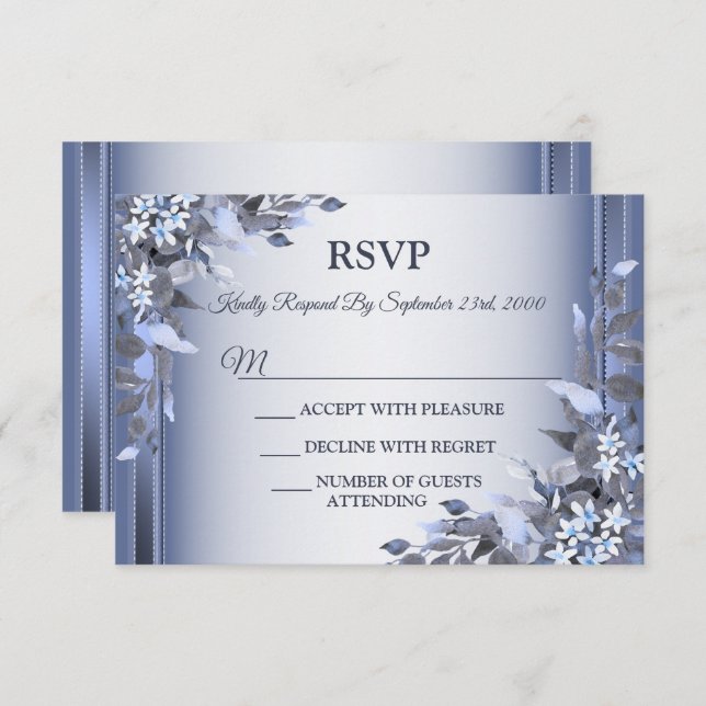 Cartons Réponse Wedding Navy Blue Floral Silver Gray Party (Devant / Derrière)