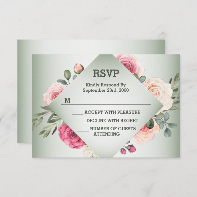 Cartons Réponse Wedding Pink Floral Rustic Geometric Green (Devant / Derrière)