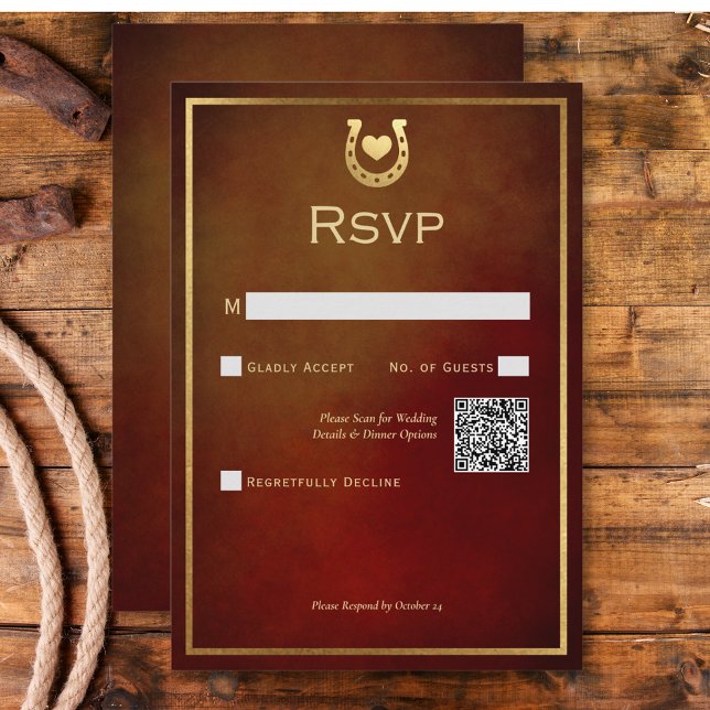 Cartons Réponse Western Rustic Horseshoe Code QR Bourgogne & Or (Western Rustic Horseshoe Burgundy & Gold QR Code RSVP Card)