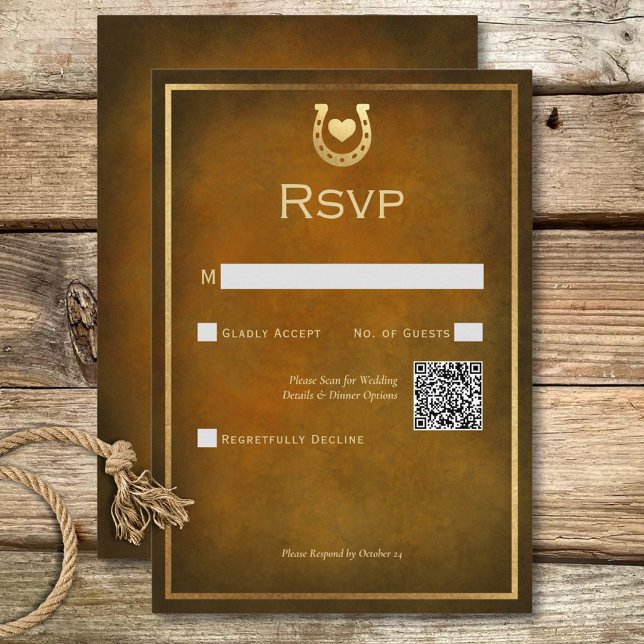 Cartons Réponse Western Rustic Horseshoe Code QR Brown & Or (Western Rustic Horseshoe Brown & Gold QR Code RSVP Card)