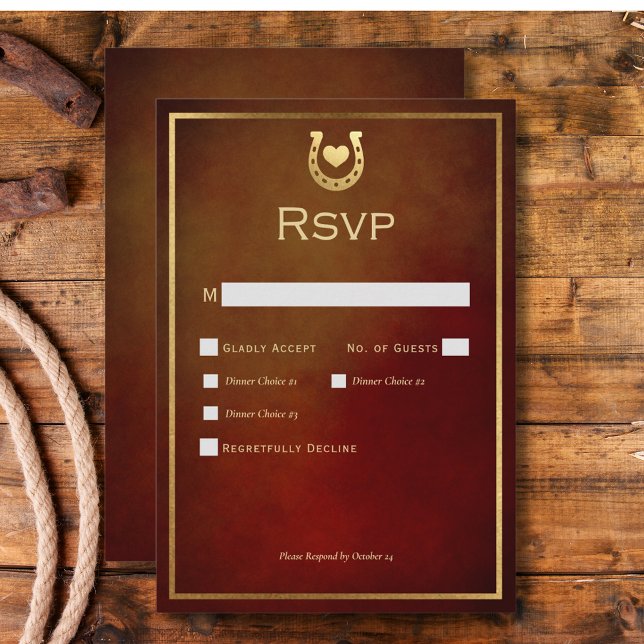 Cartons Réponse Western Rustic Horseshoe Dîner Bourgogne & Or (Western Rustic Horseshoe Burgundy & Gold Dinner RSVP Card)