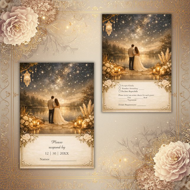 Cartons Réponse Whimsical Blue Gold Starry Night outdoor wedding (Créateur téléchargé)