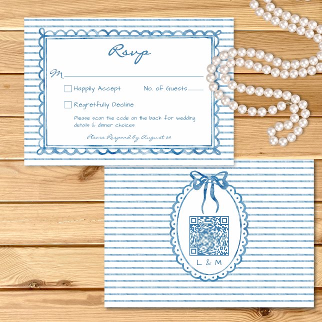 Cartons Réponse Whimsical Blue Watercolor Stripe Wedding QR (Whimsical Blue Watercolor Stripe Wedding QR RSVP Card)