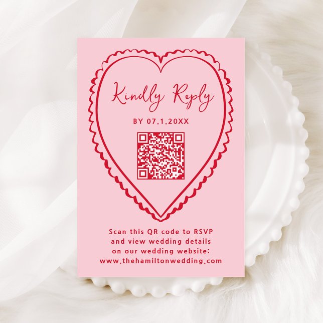 Cartons Réponse Whimsical Pink and Red Heart QR Code Wedding (Créateur téléchargé)